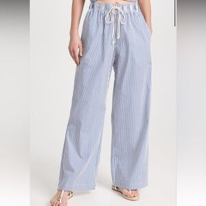 DONNI Pop Poplin Striped Wide-Leg Drawstring Pants - Blue & White